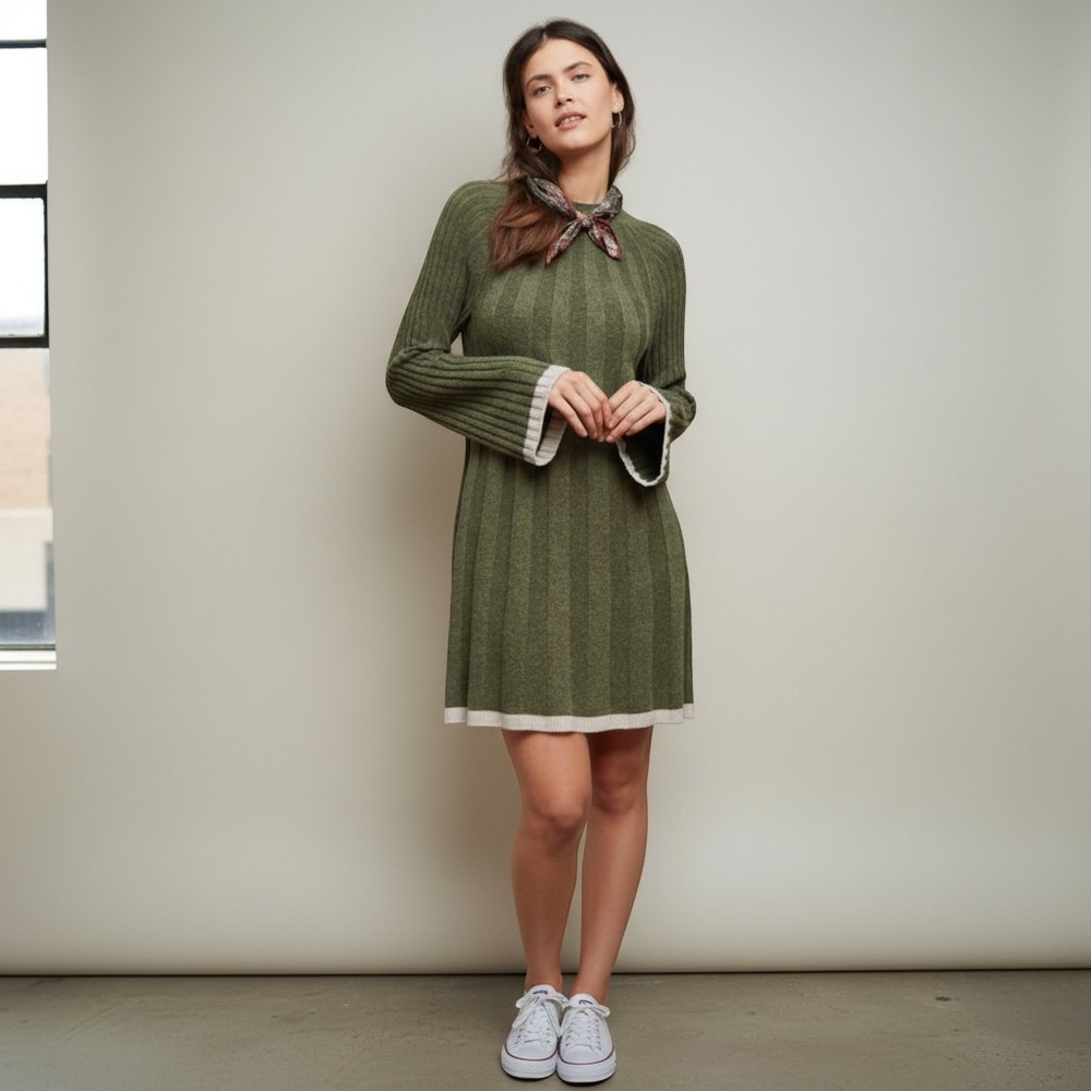 Anthropologie Arsenau Sweater Dress Boho Ribbed Larhe Moss Green Wool Alpaca